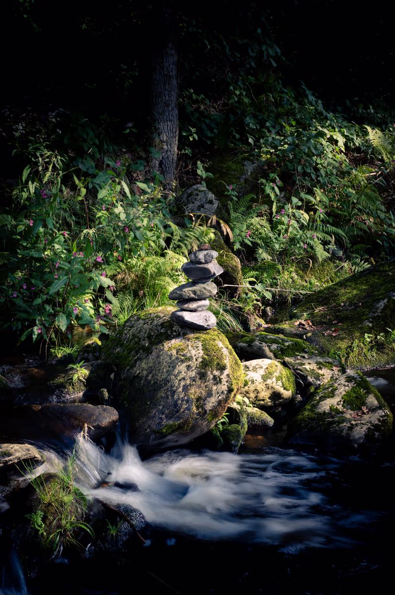 A stack of balanced stones resting on a moss-covered boulder in the middle of a flowing forest stream.